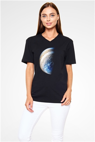 Jüpiter Siyah Unisex V Yaka Tişört T-Shirt