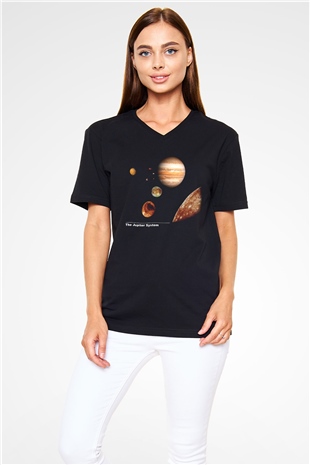 Jüpiter Siyah Unisex V Yaka Tişört T-Shirt