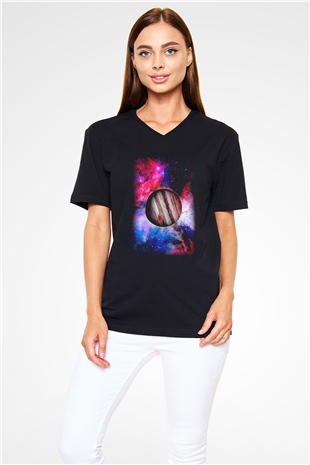 Jüpiter Siyah Unisex V Yaka Tişört T-Shirt