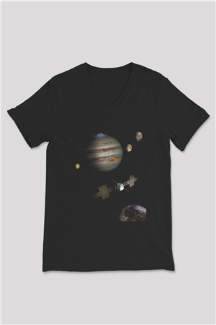 Jüpiter Siyah Unisex V Yaka Tişört T-Shirt