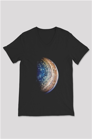 Jüpiter Siyah Unisex V Yaka Tişört T-Shirt