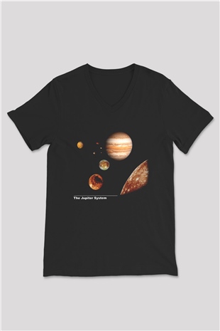 Jüpiter Siyah Unisex V Yaka Tişört T-Shirt