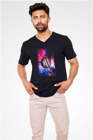 Jüpiter Siyah Unisex V Yaka Tişört T-Shirt