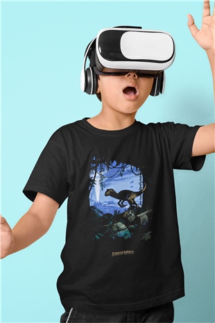 Jurassic Park Baskılı Siyah Unisex Çocuk Tişört