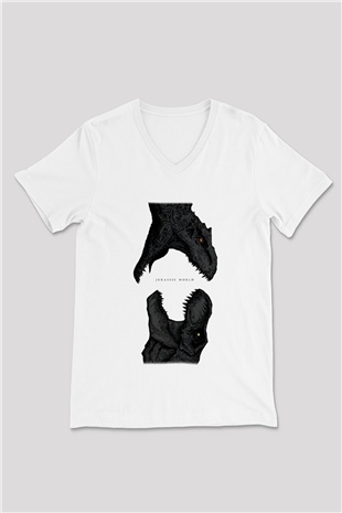 Jurassic Park Beyaz Unisex V Yaka Tişört T-Shirt