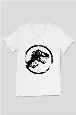 Jurassic Park Beyaz Unisex V Yaka Tişört T-Shirt