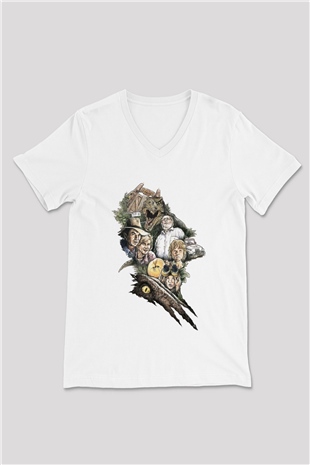 Jurassic Park Beyaz Unisex V Yaka Tişört T-Shirt