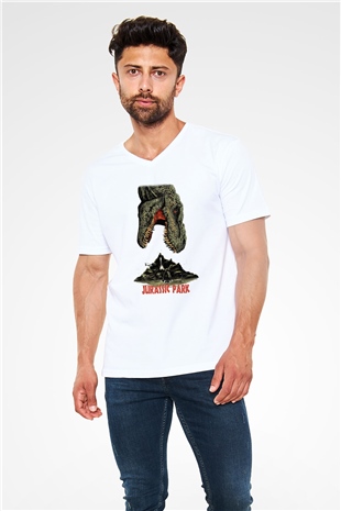 Jurassic Park Beyaz Unisex V Yaka Tişört T-Shirt