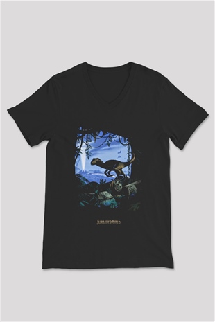 Jurassic Park Siyah Unisex V Yaka Tişört T-Shirt