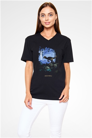 Jurassic Park Siyah Unisex V Yaka Tişört T-Shirt