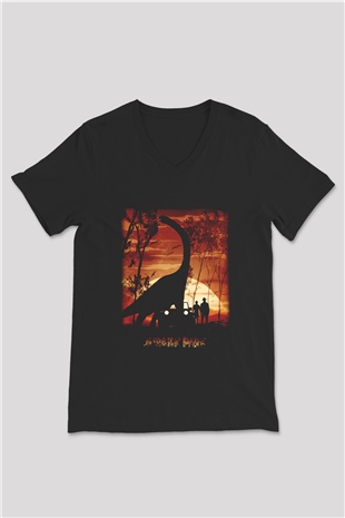 Jurassic Park Siyah Unisex V Yaka Tişört T-Shirt