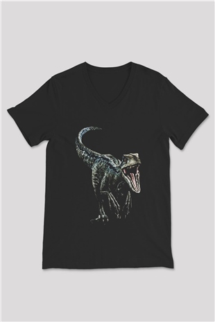 Jurassic Park Siyah Unisex V Yaka Tişört T-Shirt