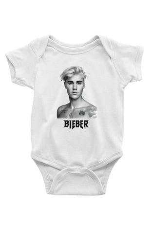 Justin Bieber Baskılı Beyaz Unisex Bebek Body - Zıbın