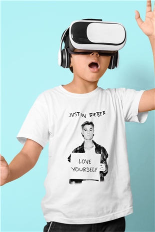Justin Bieber Baskılı Beyaz Unisex Çocuk Tişört