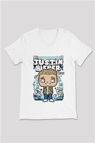 Justin Bieber Baskılı Unisex Beyaz V Yaka Tişört