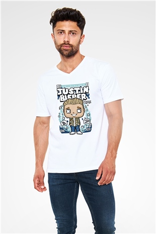 Justin Bieber Baskılı Unisex Beyaz V Yaka Tişört