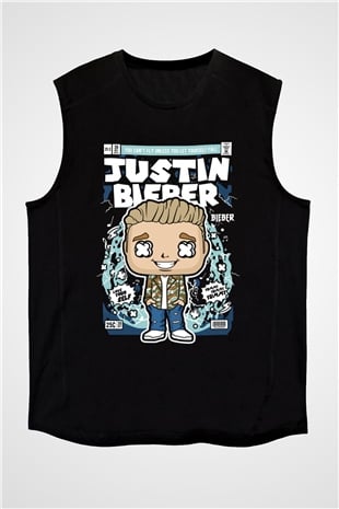 Justin Bieber Baskılı Unisex Siyah Kolsuz Tişört