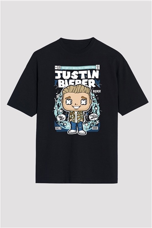 Justin Bieber Baskılı Unisex Siyah Oversize Tişört