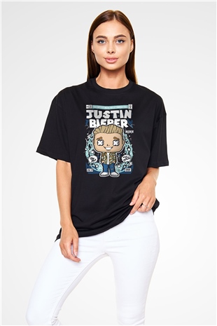 Justin Bieber Baskılı Unisex Siyah Oversize Tişört