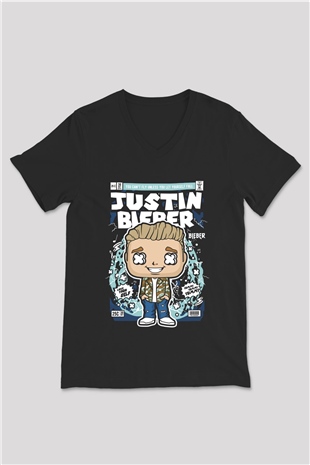 Justin Bieber Baskılı Unisex Siyah V Yaka Tişört