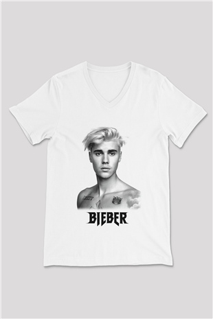 Justin Bieber Beyaz Unisex V Yaka Tişört T-Shirt