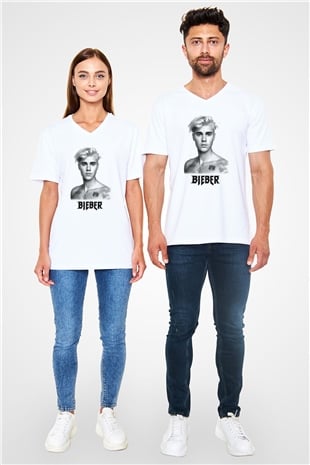 Justin Bieber Beyaz Unisex V Yaka Tişört T-Shirt