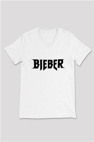 Justin Bieber Beyaz Unisex V Yaka Tişört T-Shirt