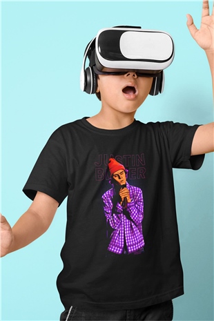 Justin Bieber Siyah Unisex Çocuk Tişört