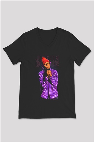 Justin Bieber Siyah Unisex V Yaka Tişört