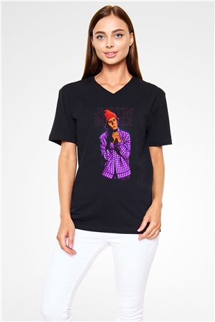 Justin Bieber Siyah Unisex V Yaka Tişört