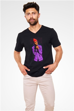 Justin Bieber Siyah Unisex V Yaka Tişört