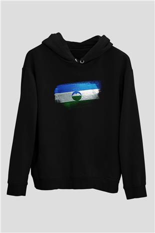Kabardino Balkarya - Kabardino Balkaria Bayrağı Baskılı Unisex Siyah Hoodie
