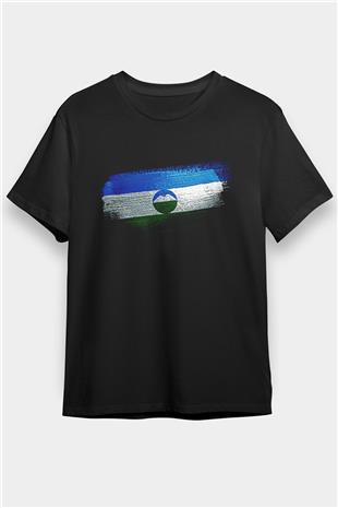 Kabardino Balkarya - Kabardino Balkaria Bayrağı Baskılı Unisex Siyah Tişört