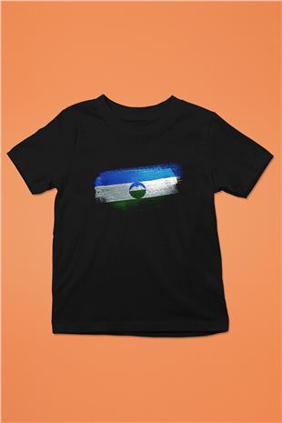 Kabardino Balkarya - Kabardino Balkaria Bayrağı Baskılı Unisex Siyah Çocuk Tişörtü