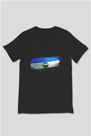 Kabardino Balkarya - Kabardino Balkaria Bayrağı Baskılı Unisex Siyah V Yaka Tişört