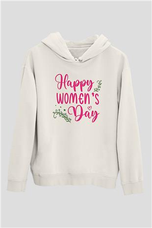 Kadınlar Günü Baskılı Beyaz Unisex Kapüşonlu Sweatshirt