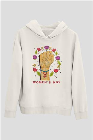 Kadınlar Günü Baskılı Beyaz Unisex Kapüşonlu Sweatshirt