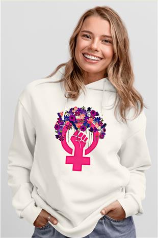 Kadınlar Günü Baskılı Beyaz Unisex Kapüşonlu Sweatshirt