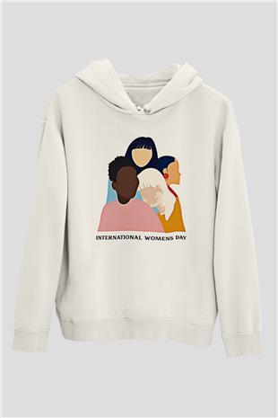 Kadınlar Günü Baskılı Beyaz Unisex Kapüşonlu Sweatshirt