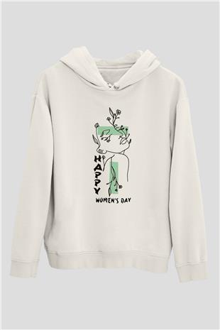 Kadınlar Günü Baskılı Beyaz Unisex Kapüşonlu Sweatshirt