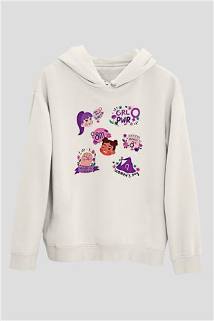 Kadınlar Günü Baskılı Beyaz Unisex Kapüşonlu Sweatshirt