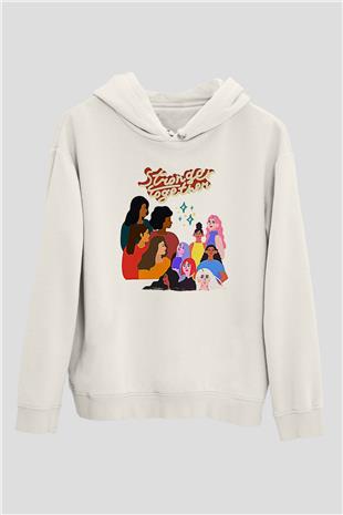 Kadınlar Günü Baskılı Beyaz Unisex Kapüşonlu Sweatshirt