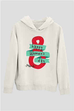 Kadınlar Günü Baskılı Beyaz Unisex Kapüşonlu Sweatshirt