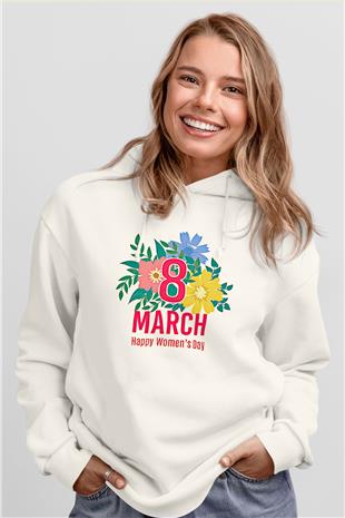 Kadınlar Günü Baskılı Beyaz Unisex Kapüşonlu Sweatshirt
