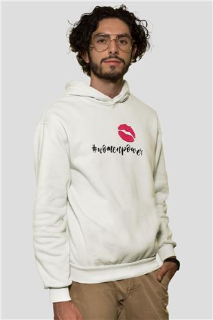 Kadınlar Günü Baskılı Beyaz Unisex Kapüşonlu Sweatshirt