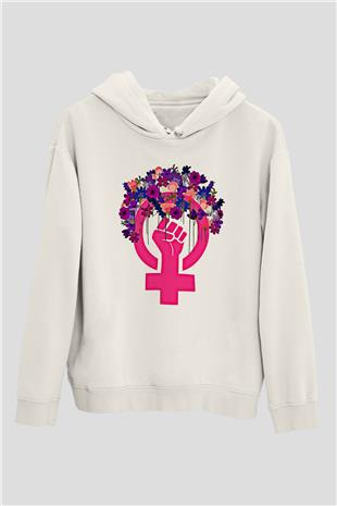 Kadınlar Günü Baskılı Beyaz Unisex Kapüşonlu Sweatshirt