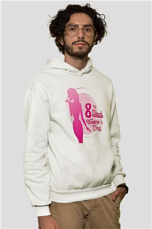 Kadınlar Günü Baskılı Beyaz Unisex Kapüşonlu Sweatshirt