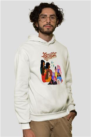 Kadınlar Günü Baskılı Beyaz Unisex Kapüşonlu Sweatshirt