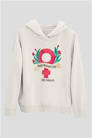 Kadınlar Günü Baskılı Beyaz Unisex Kapüşonlu Sweatshirt
