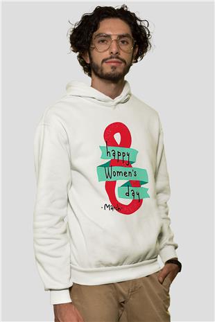 Kadınlar Günü Baskılı Beyaz Unisex Kapüşonlu Sweatshirt